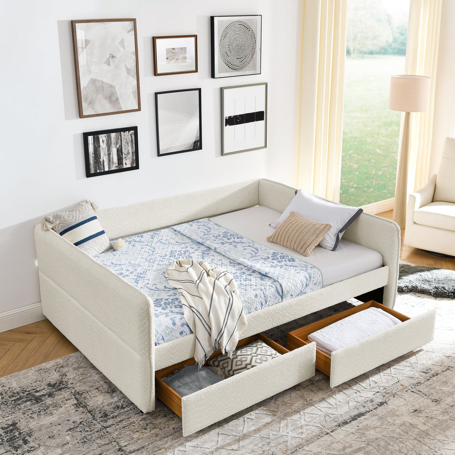Daybed with Trundle Upholstered Tufted Sofa Bed, with Two Drawers, Queen Size, Boucle Fabric, Beige(88"x65.5"x29.5") image 1