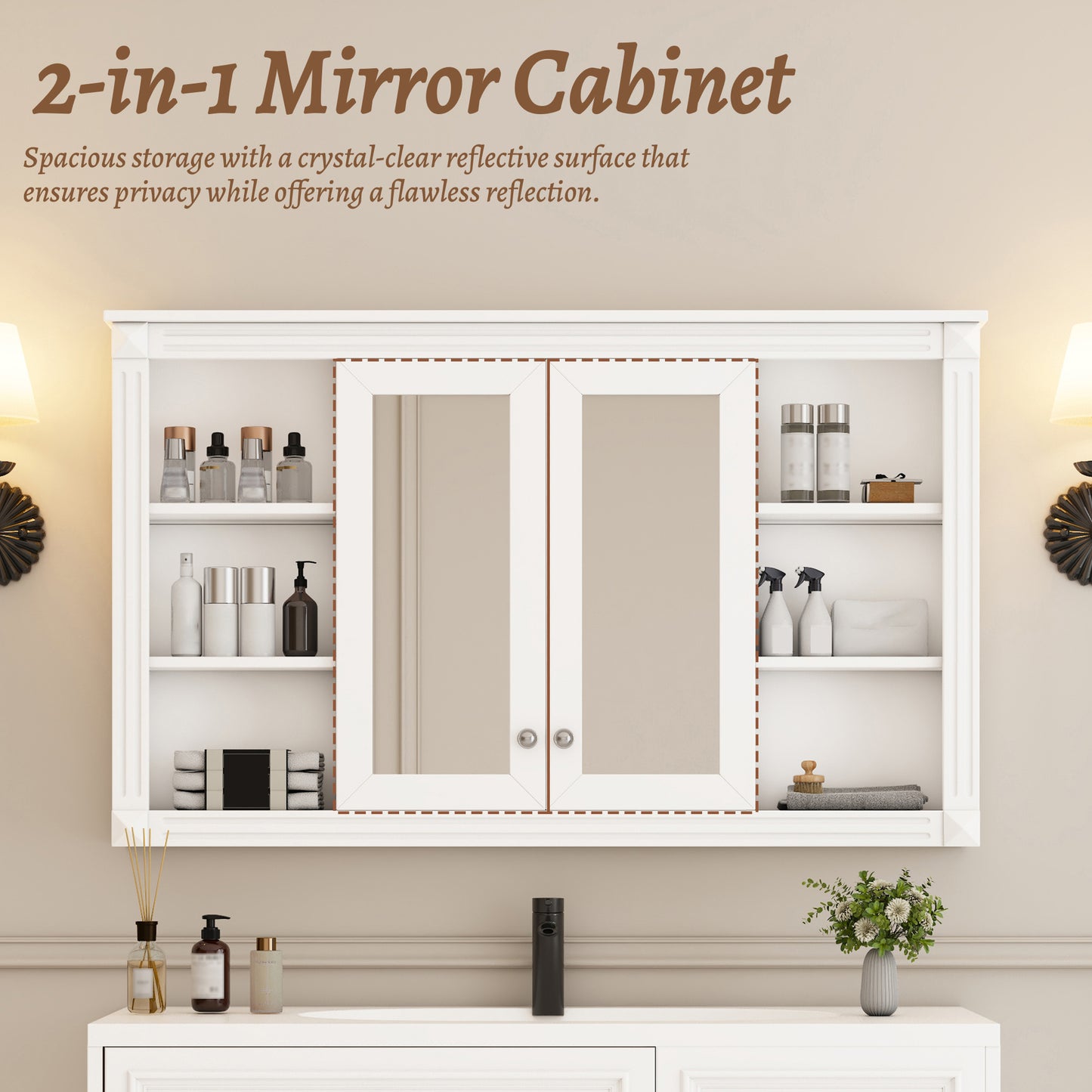 47 Inch Bathroom Mirror Cabinet with Storage, Adjustable Shelf and Open Shelves, Wall Mounted Medicine Cabinet for Bathroom, Bedroom, Vanity image 7
