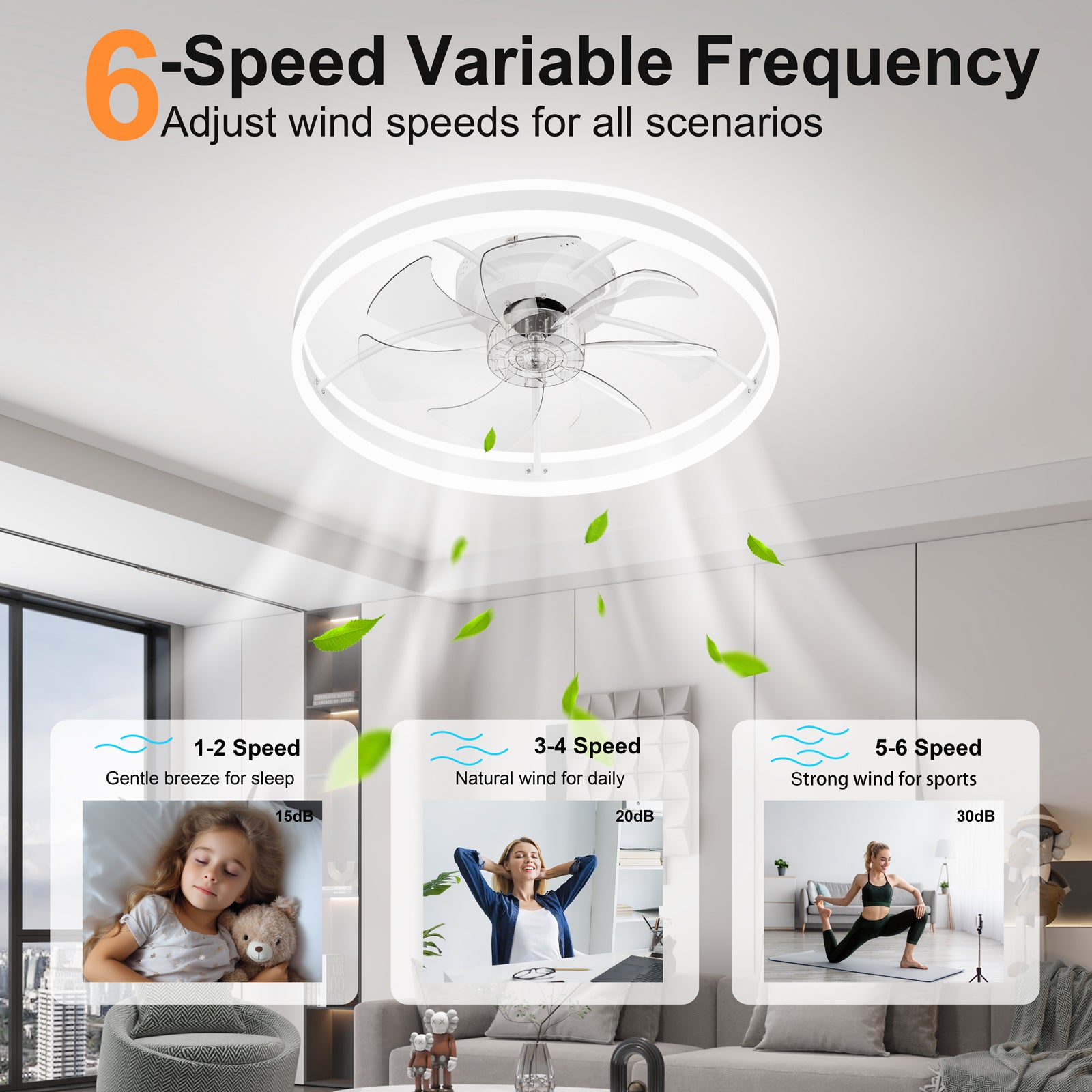 23.6 Inch Ceiling Fan with Light, Quiet DC Motor, Dimmable 3-Color Temperature 3000K-6500K, APP & Remote Control, With Timing image 6
