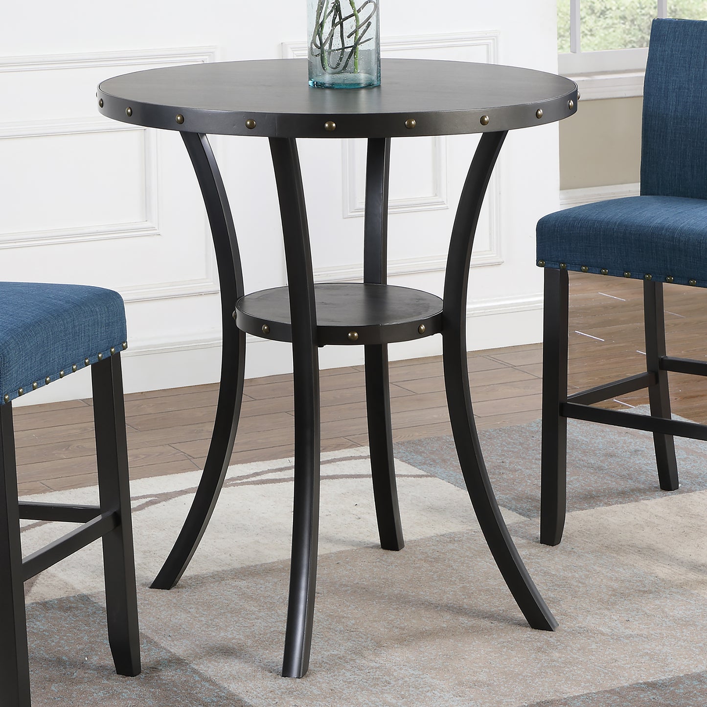 Biony 3-Piece 36" Round Espresso Finish Bar Table with 2 Blue Fabric Nail Head Pub Chairs image 5