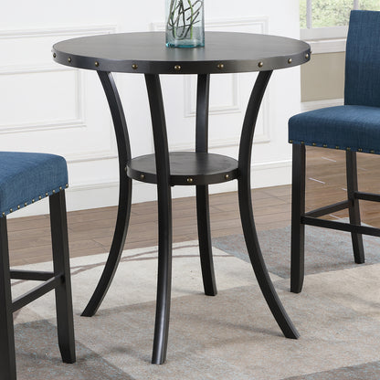 Biony 3-Piece 36" Round Espresso Finish Bar Table with 2 Blue Fabric Nail Head Pub Chairs image 5