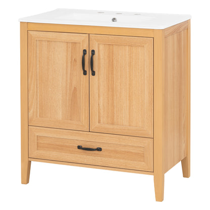 [Video] 30" Natural Wood Grain Bathroom Vanity with Ceramic Sink Top, Solid Wood Legs, Soft-Close Double Doors & Bottom Drawer, Adjustable Interior Shelf, Door-mounted Organizers image 8
