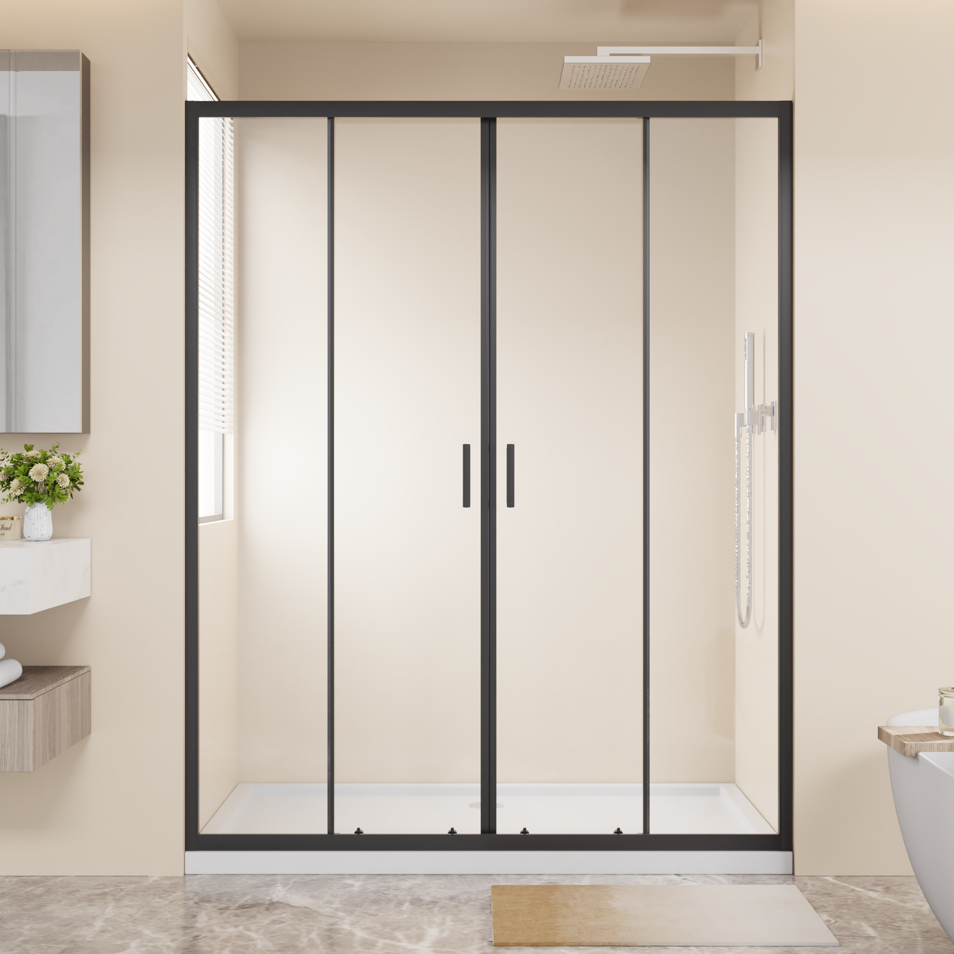 Framed Shower Sliding Door 60"x72", 4-Panel Center Opening Double Sliding Shower Door, 1/4" (6mm) Tempered Glass, Aluminum Frame with Stainless Steel Handles & Smooth Double Rollers, Black image 1