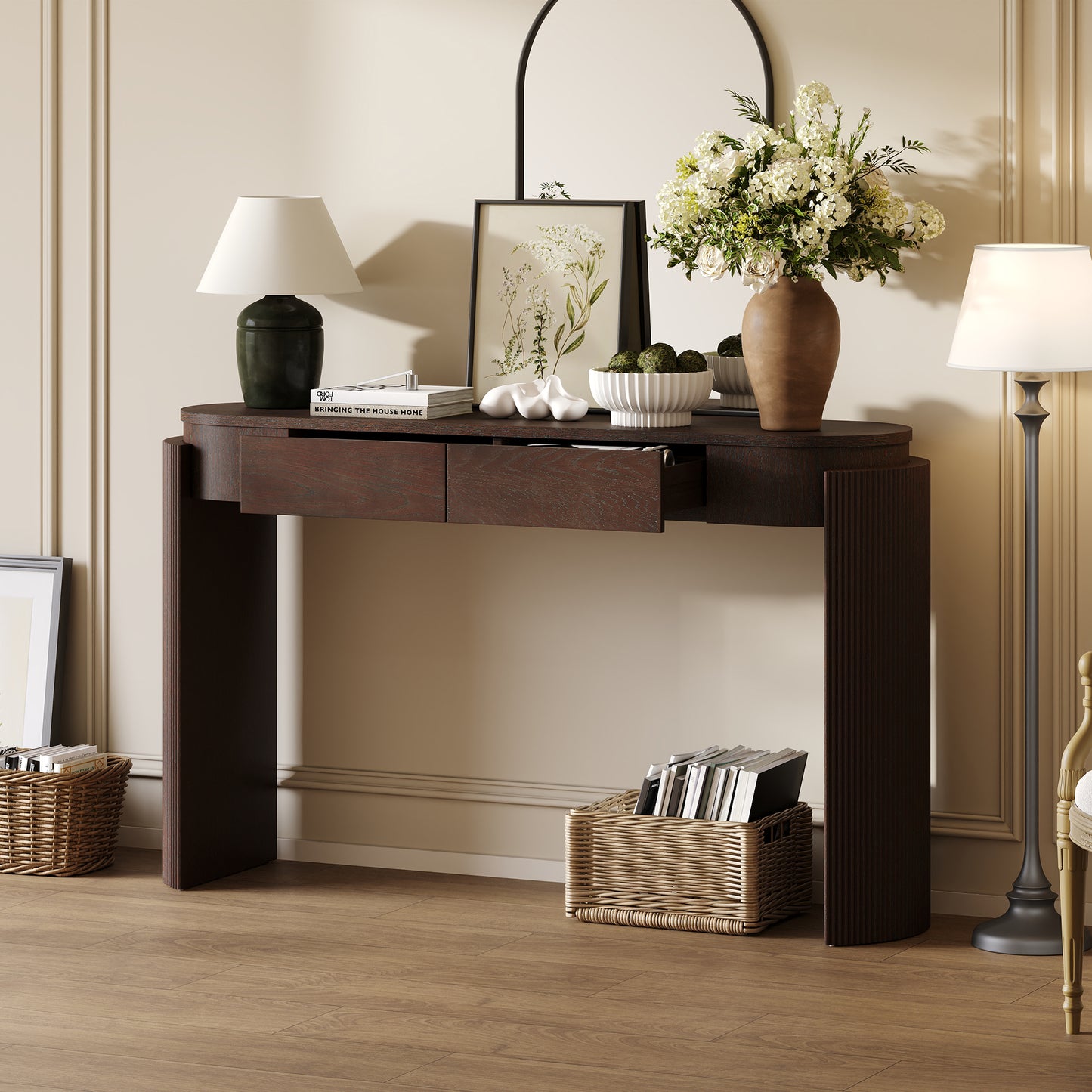 TREXM Entryway Table with Natural Wood Grain Finish, Console Table with Fluted Design, Oval Top and 2 Drawers for Entryway and Living Room (Espresso) image 12