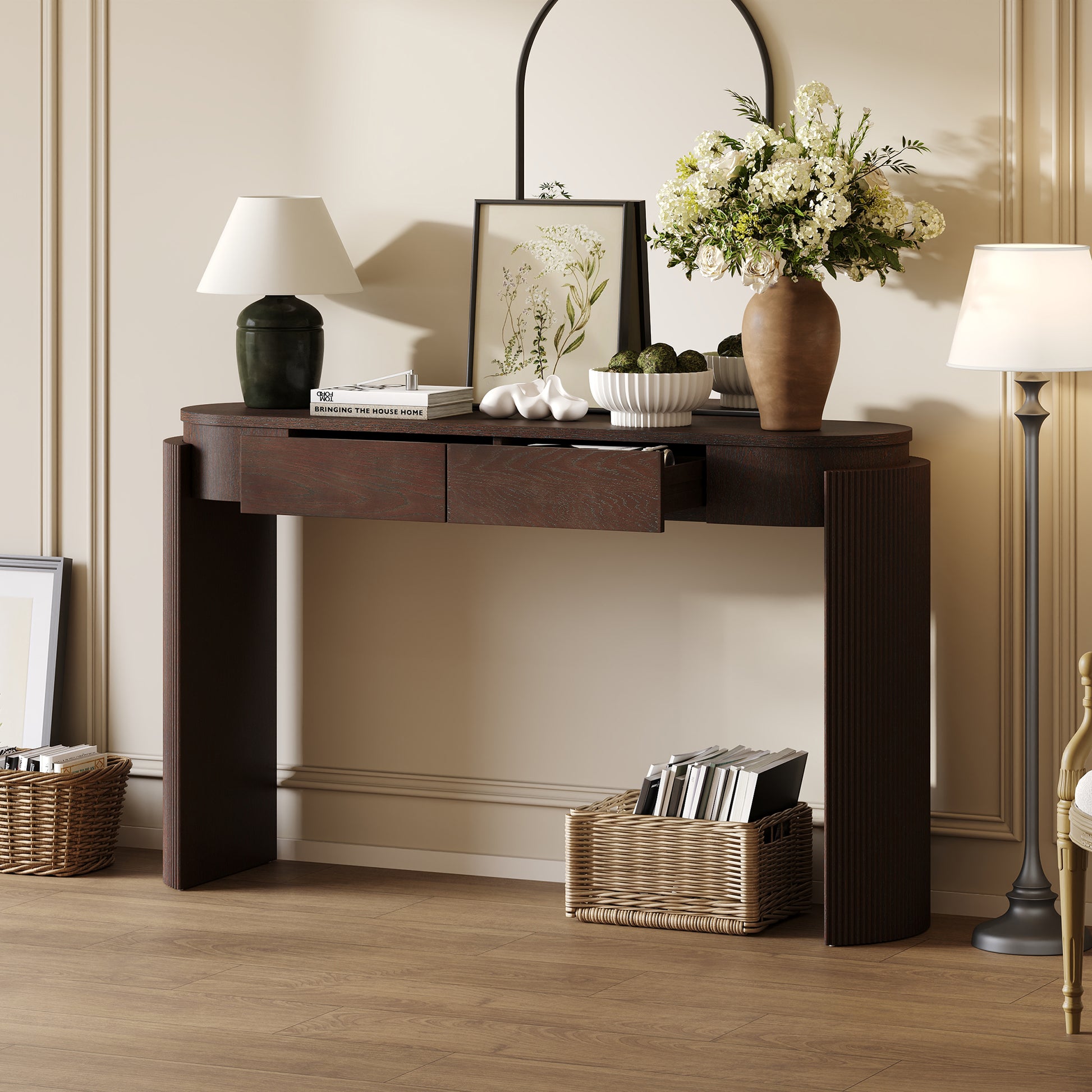 TREXM Entryway Table with Natural Wood Grain Finish, Console Table with Fluted Design, Oval Top and 2 Drawers for Entryway and Living Room (Espresso) image 12
