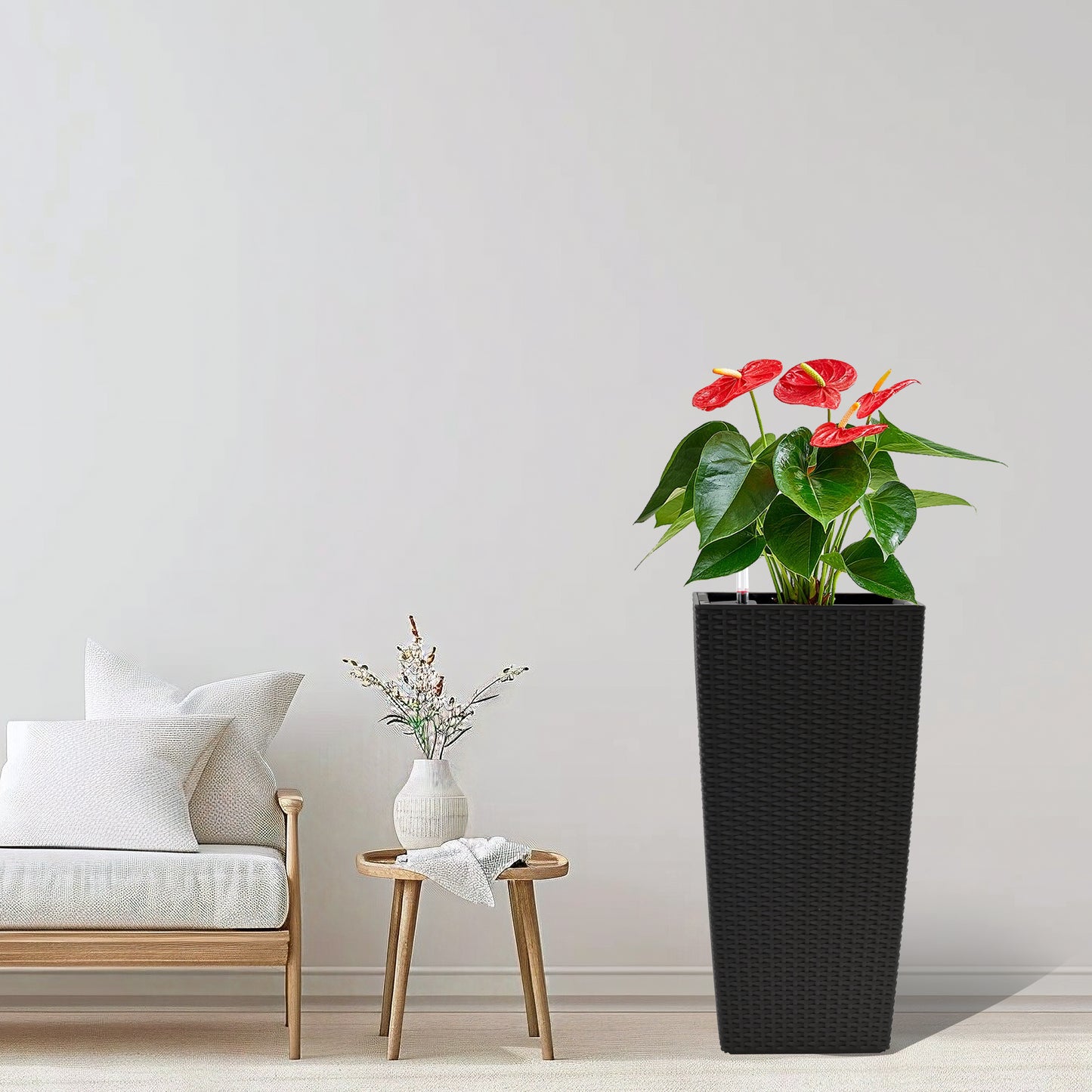 Pack of 2 Square Planter for Garden 22-Inch High Faux Rattan Design Flower Pot with Automatic Watering System for Porch, Patio, Backyard, Makes Keeping Flowers Easier image 12