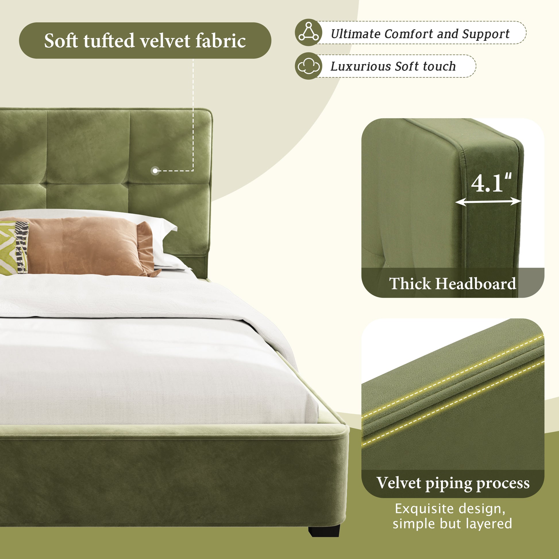 King Size Velvet Bed Frames, Upholstered Platform Bed with Curved Tufted Headboard, Soft Square Corners, Olive Green image 3