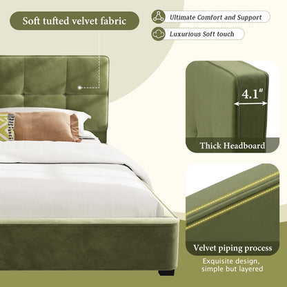 King Size Velvet Bed Frames, Upholstered Platform Bed with Curved Tufted Headboard, Soft Square Corners, Olive Green image 3