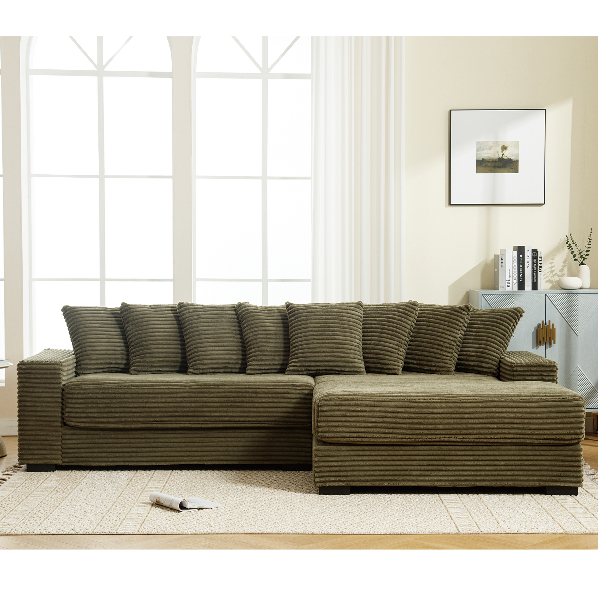 [NEW ARRIVED] [VIDEO PROVIDED] Oversized Two-Piece Couches, L Shaped Sofa, Corduroy, Right Chaise Daybed,with Armrests,Eight Throw Pillows,Corner Sofa,Easy To Assemble, Green image 8