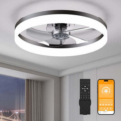 19.7'' LED Ceiling Fan Light with Remote & App Control, 6 Speeds, Dimmable, 3000K-6500K, Flush Mount BLACK Fandelier for Bedroom image 1