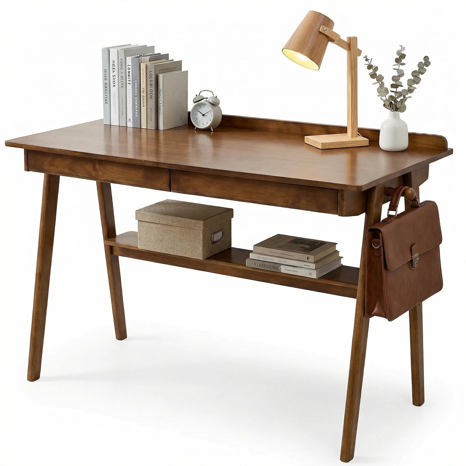 Solid Wood Writing Desk, Home Office Desk for Small Spaces, Mid Century Modern Desks with 2 Drawers & Storage Shelf, Standing Desk with Side Hooks for Study, Bedroom, Office (Walnut) image 1