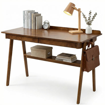 Solid Wood Writing Desk, Home Office Desk for Small Spaces, Mid Century Modern Desks with 2 Drawers & Storage Shelf, Standing Desk with Side Hooks for Study, Bedroom, Office (Walnut) image 1