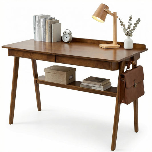 Solid Wood Writing Desk, Home Office Desk for Small Spaces, Mid Century Modern Desks with 2 Drawers & Storage Shelf, Standing Desk with Side Hooks for Study, Bedroom, Office (Walnut) image 1