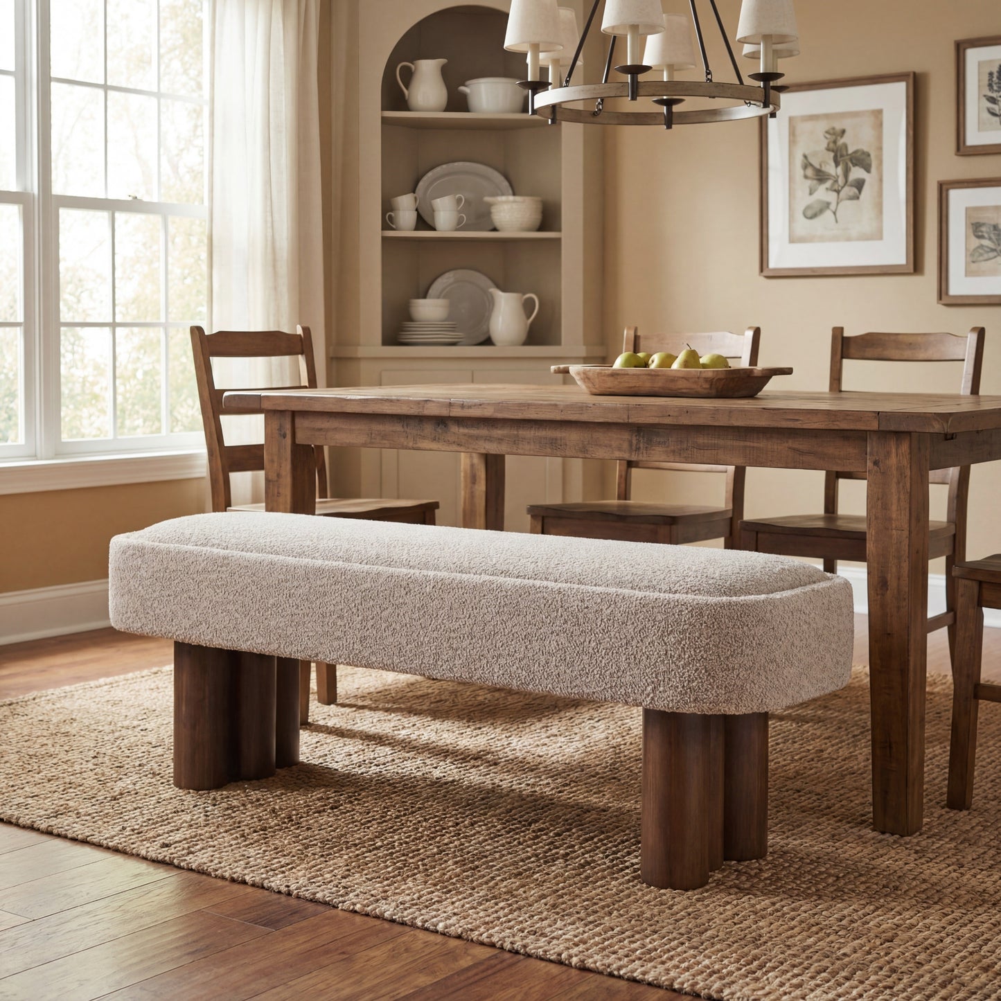 Indoor Khaki Boucle Dining Bench with Walnut Color Legs, 60.04'L Upholstered Seating for Kitchen, Dining Room and Living Space,250lbs Capacity image 4