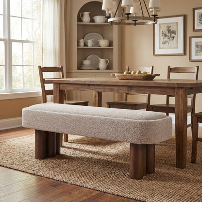 Indoor Khaki Boucle Dining Bench with Walnut Color Legs, 60.04'L Upholstered Seating for Kitchen, Dining Room and Living Space,250lbs Capacity image 4