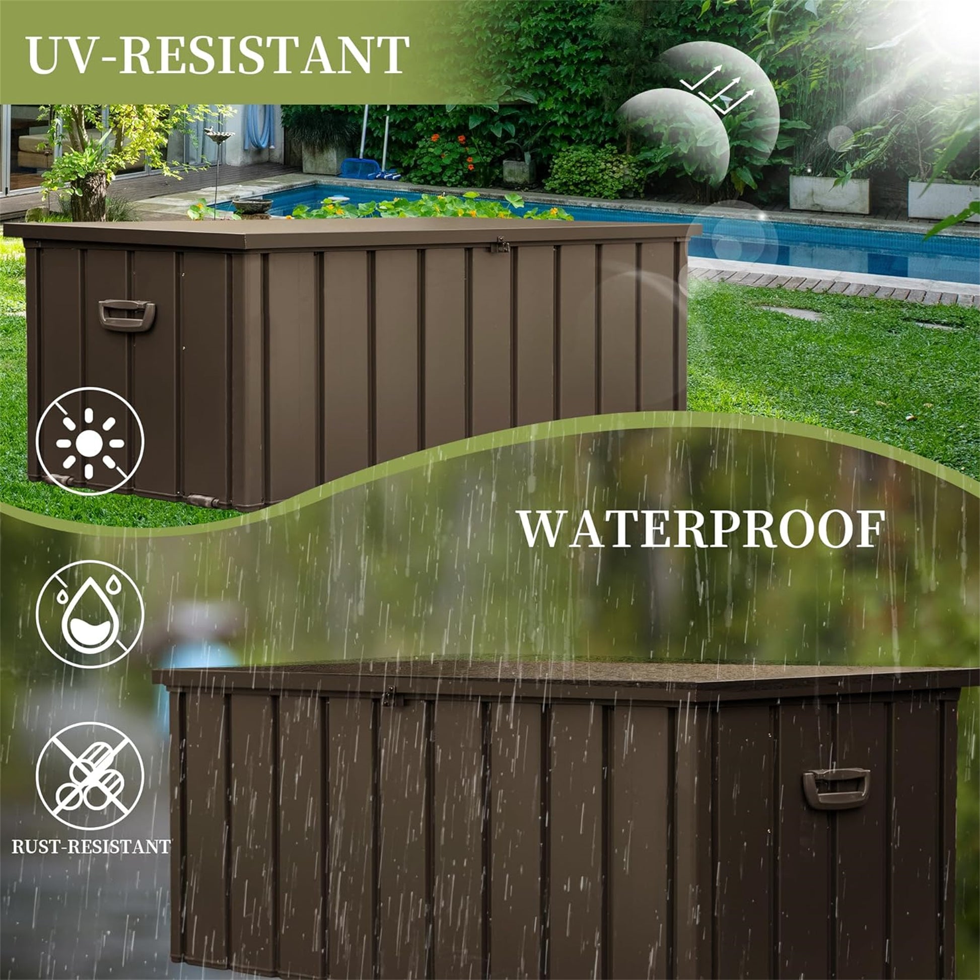 150 Gallon Outdoor Storage Deck Box Waterproof, Large Patio Storage Bin for Outside Cushions, Throw Pillows, Garden Tools, Lockable, Resin bottom (Dark Brown) image 6