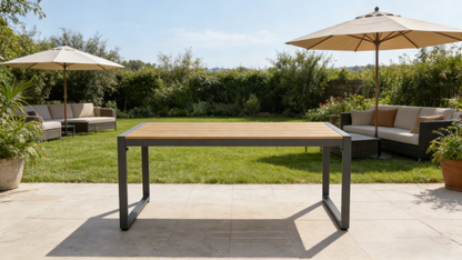Steel Outdoor Patio Table, All-Weather Patio Tables for Outside with PS Wood-Like Table Top, Modern Rectangle Coffee Table for Porch, Balcony, Deck, Yard, Black image 3