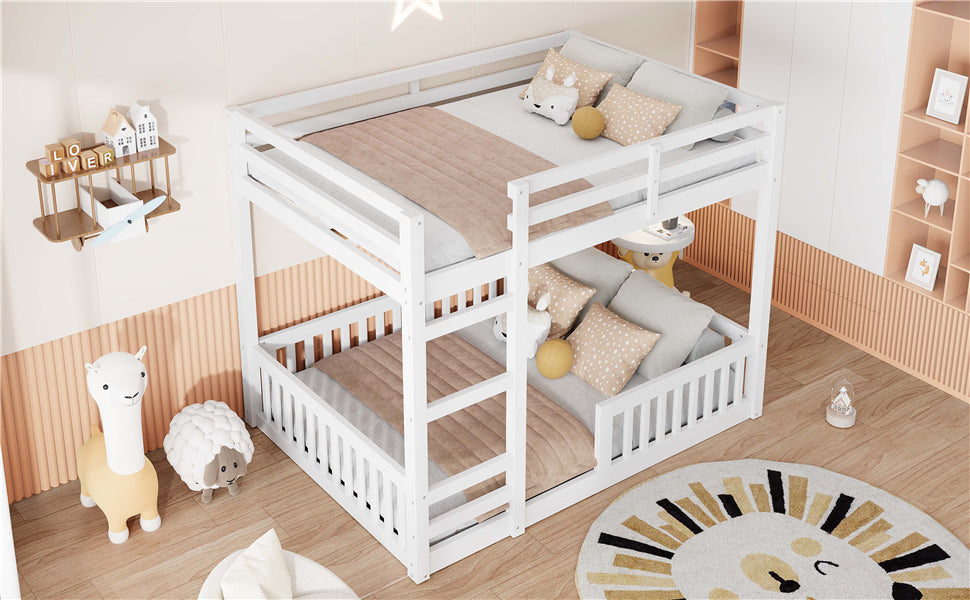 Full over Full Wood Bunk Bed with Ladder and Guardrails, White image 4