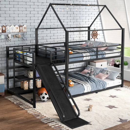 Full Metal House Bunk Bed with Storage Stairs, Slide, Safety Rails - Black - Front View