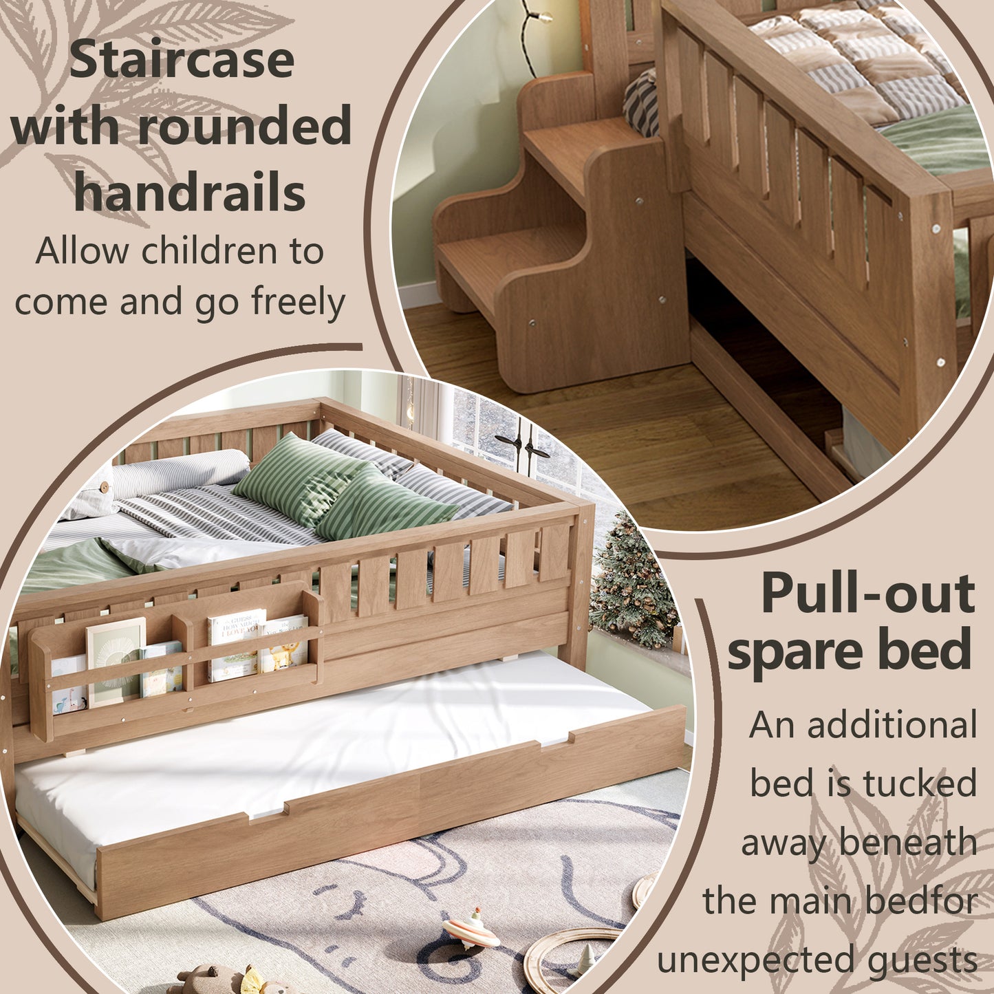 Full with built-in bookshelves and small staircase, high-quality safety rails, and Trundle,Natural image 7