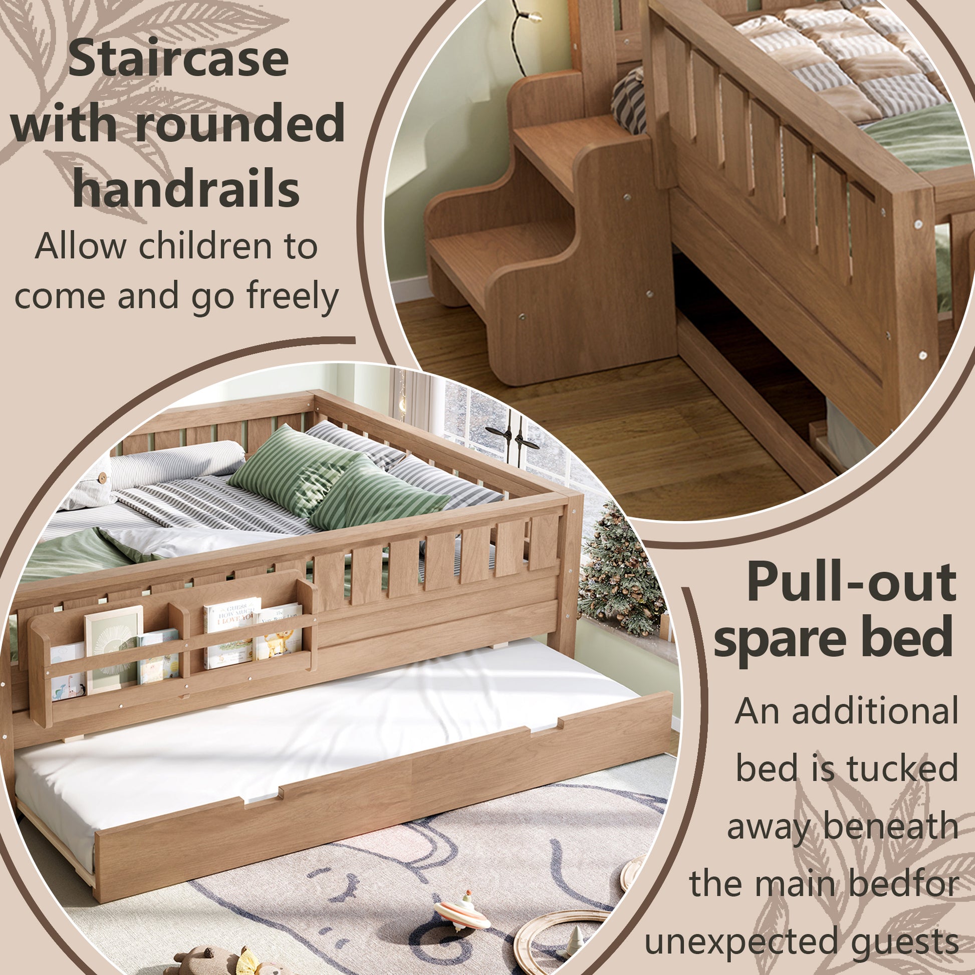 Full with built-in bookshelves and small staircase, high-quality safety rails, and Trundle,Natural image 7