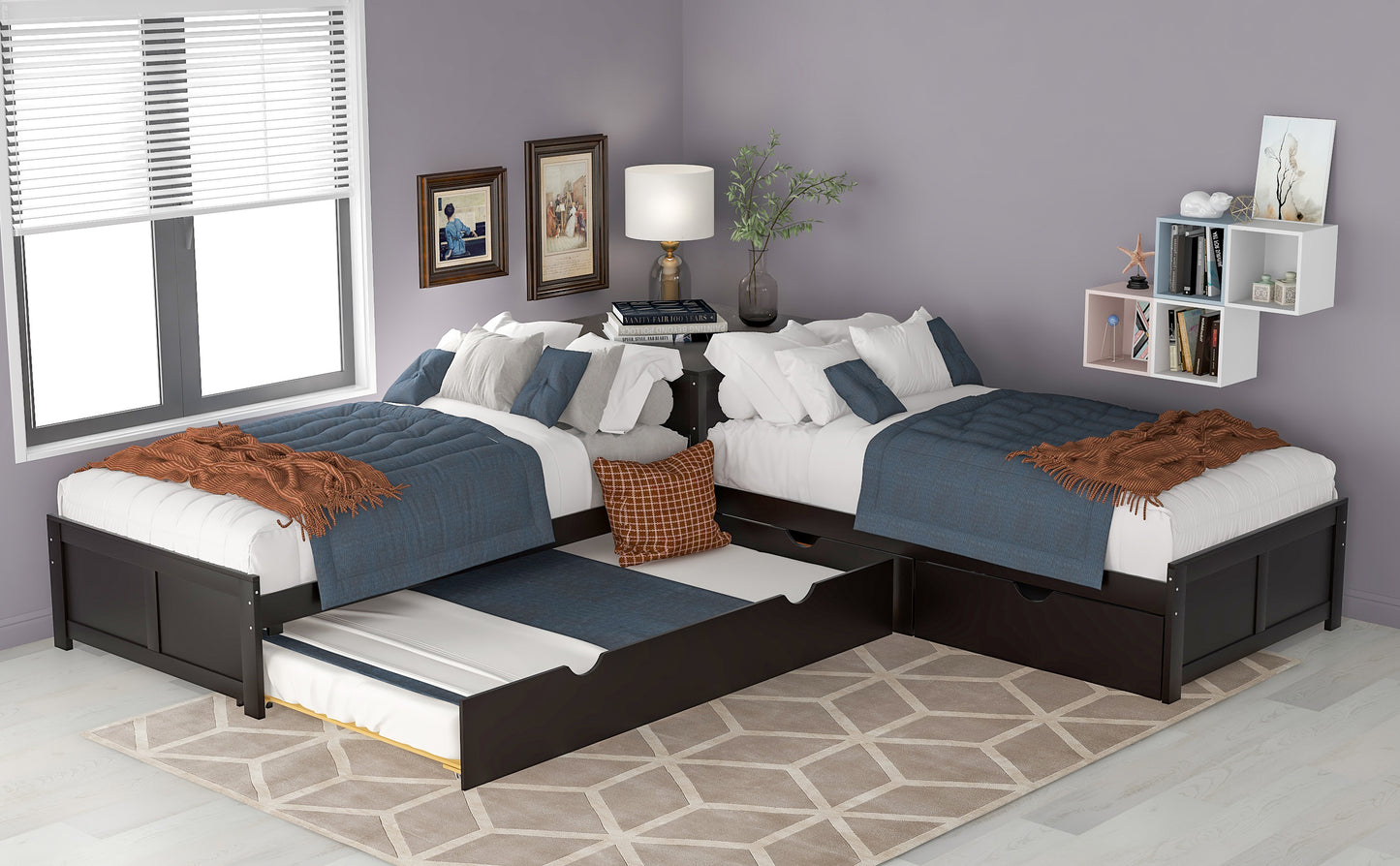 L-shaped Platform Bed with Trundle and Drawers Linked with built-in Desk,Twin,Espresso(Old SKU:SM000916AAP) image 4