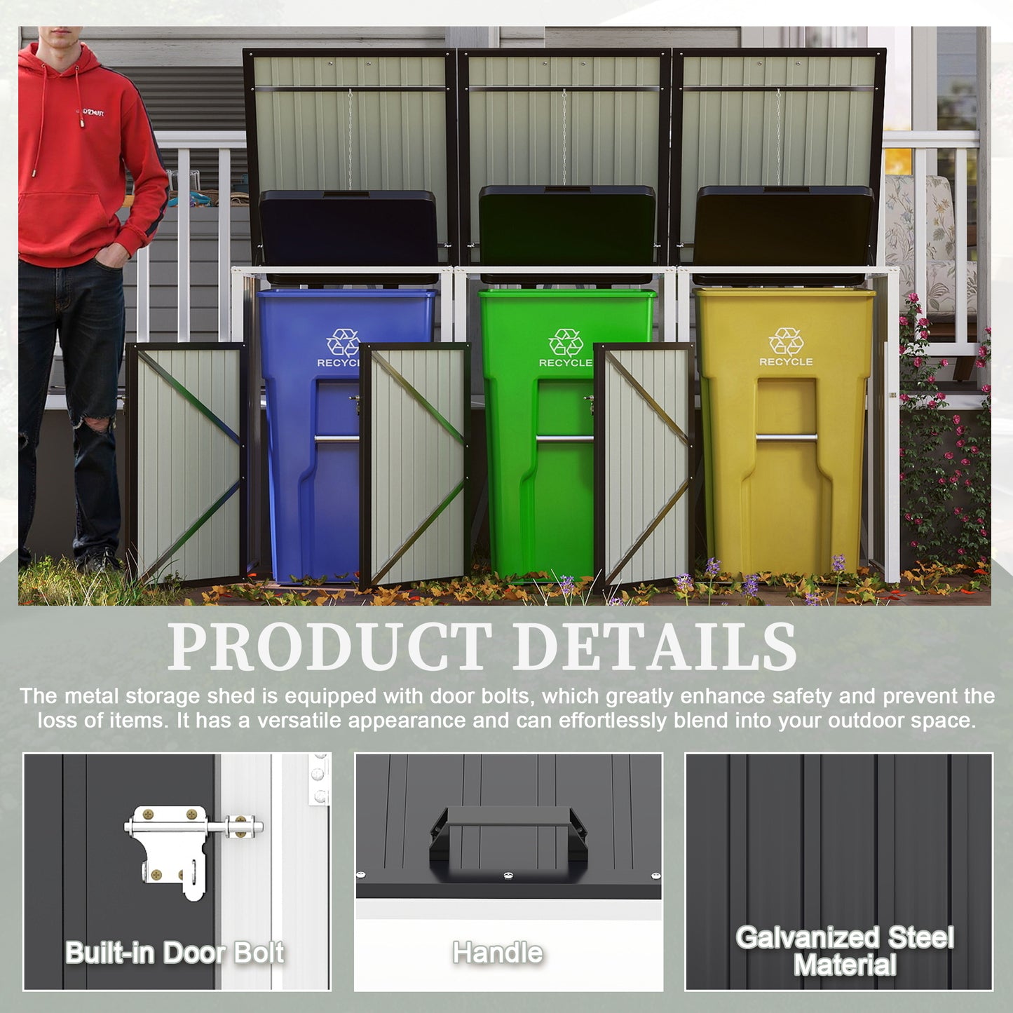 Garbage Bin Shed Stores 3 Trash Cans with Pneumatic Support Rod, with Lockable Doors & Waterproof Lid Chain, for Patio,Garden,Backyard,Grey image 3