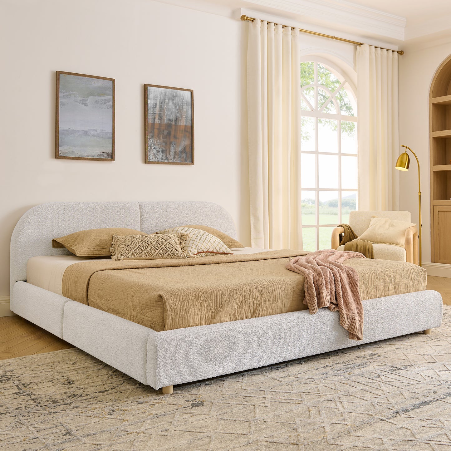 King Size Upholstered Bed Frame Modern Minimalist Style - Circle Yarn Fabric, Tall Curved Headboard, Sturdy Leg Support & Wheeled Drawer Storage, Mattress Not Included -Beige image 2