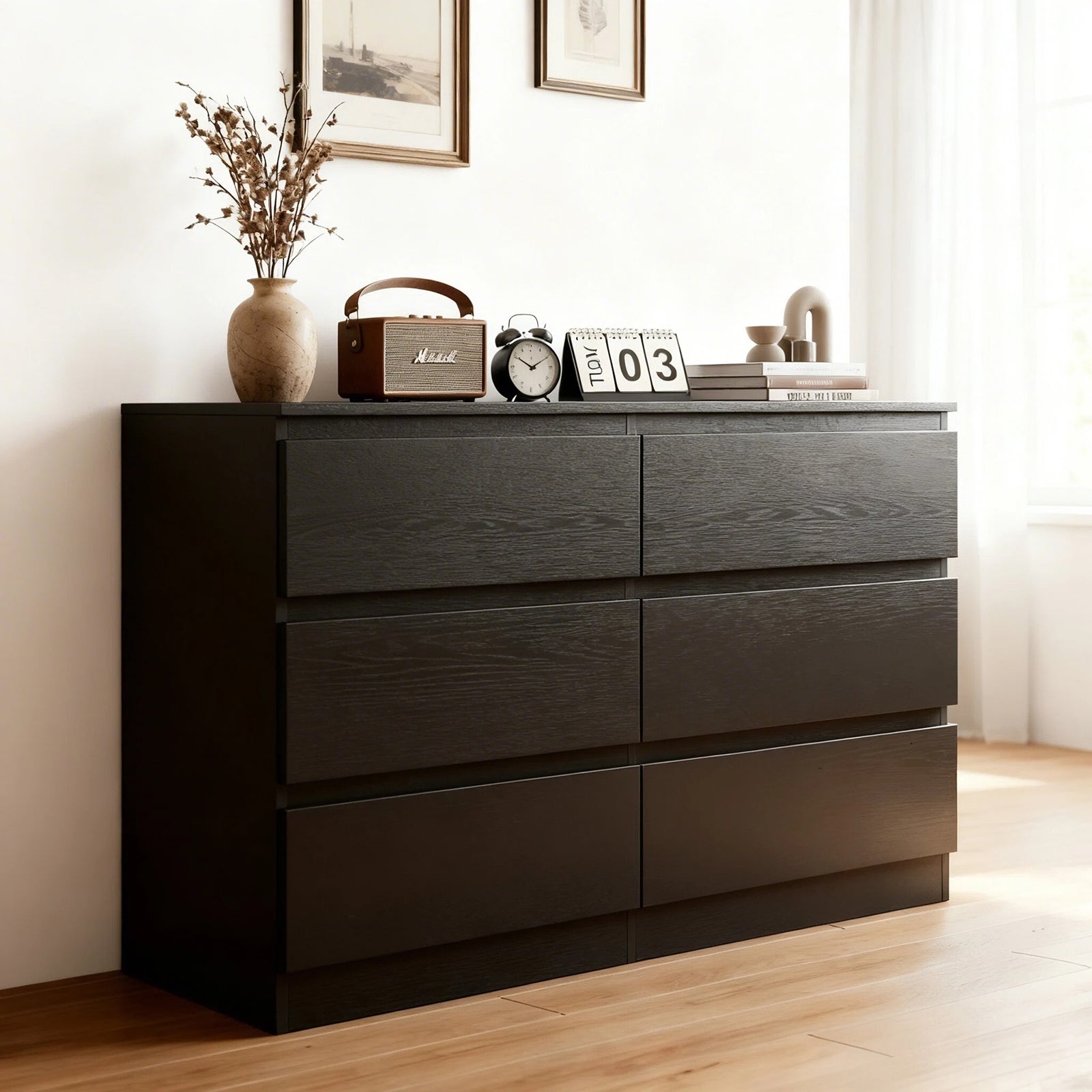 6 Drawer Black Dresser, Modern Bedroom Dresser with Spacious Countertop, Wood Storage Cabinet with Concealed Handles & 6 Deep Drawers for Bedroom, Living Room, Entryway, 15.7" D x 47.2" W x 30.9" H image 5