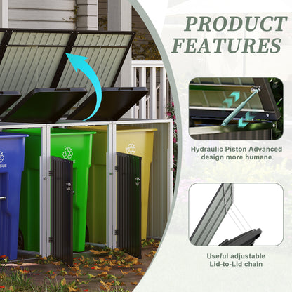 Garbage Bin Shed Stores 3 Trash Cans with Pneumatic Support Rod, with Lockable Doors & Waterproof Lid Chain, for Patio,Garden,Backyard,Grey image 2
