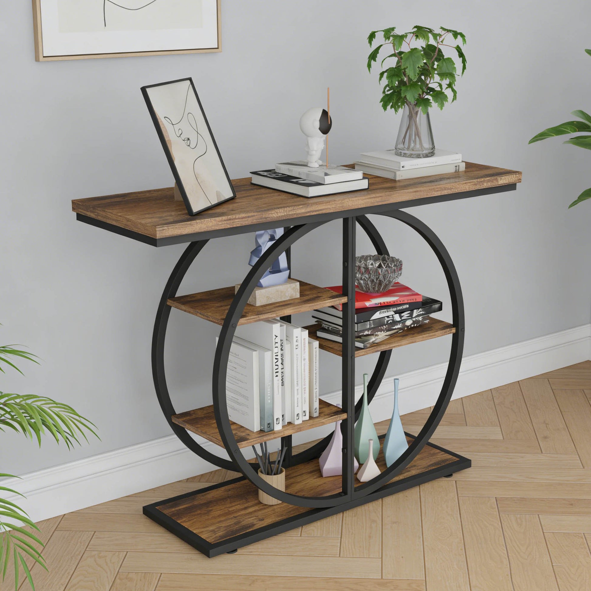 41.3 Inch Industrial Console Table for Entryway, Narrow Sofa Table with Storage Shelves & Circle Base, Rustic Brown Accent Furniture for Hallway, Foyer, Entrance, Living Room image 5