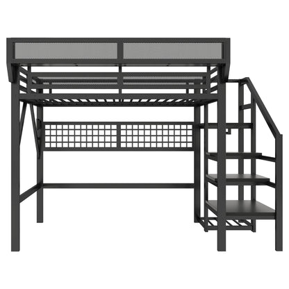Full Size Loft Bed with Charging Station, Metal Full Loft Bed with Light and Storage, High Loft Bed with Wardrobe and Storage for Kids Teens Adults, Black(Old SKU W2580S00051) image 10