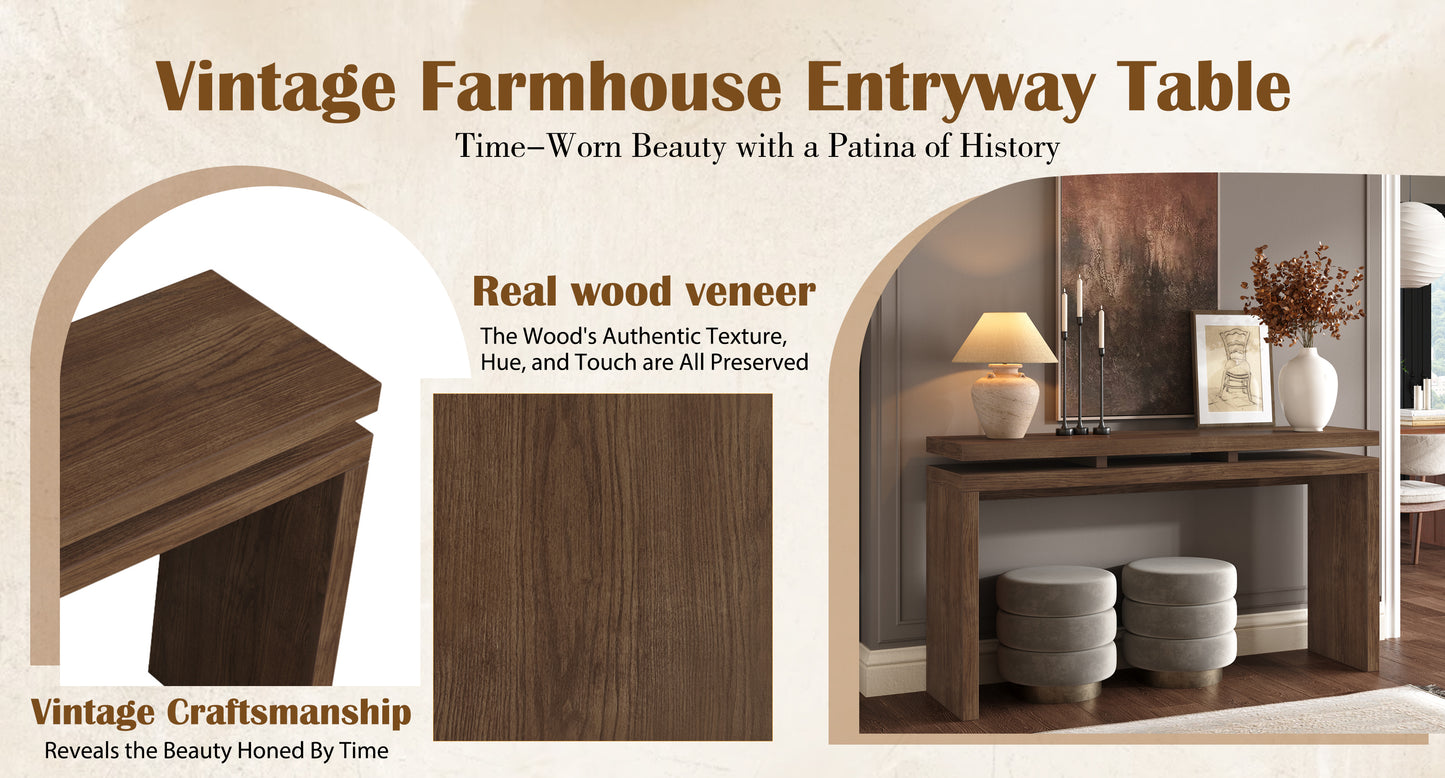 60'' Antique Brown Farmhouse Console Table - Retro Wooden Entryway Table with Double Board Suspension Design, Solid Wood & MDF, Sofa Table for Living Room image 5