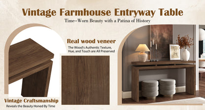 60'' Antique Brown Farmhouse Console Table - Retro Wooden Entryway Table with Double Board Suspension Design, Solid Wood & MDF, Sofa Table for Living Room image 5