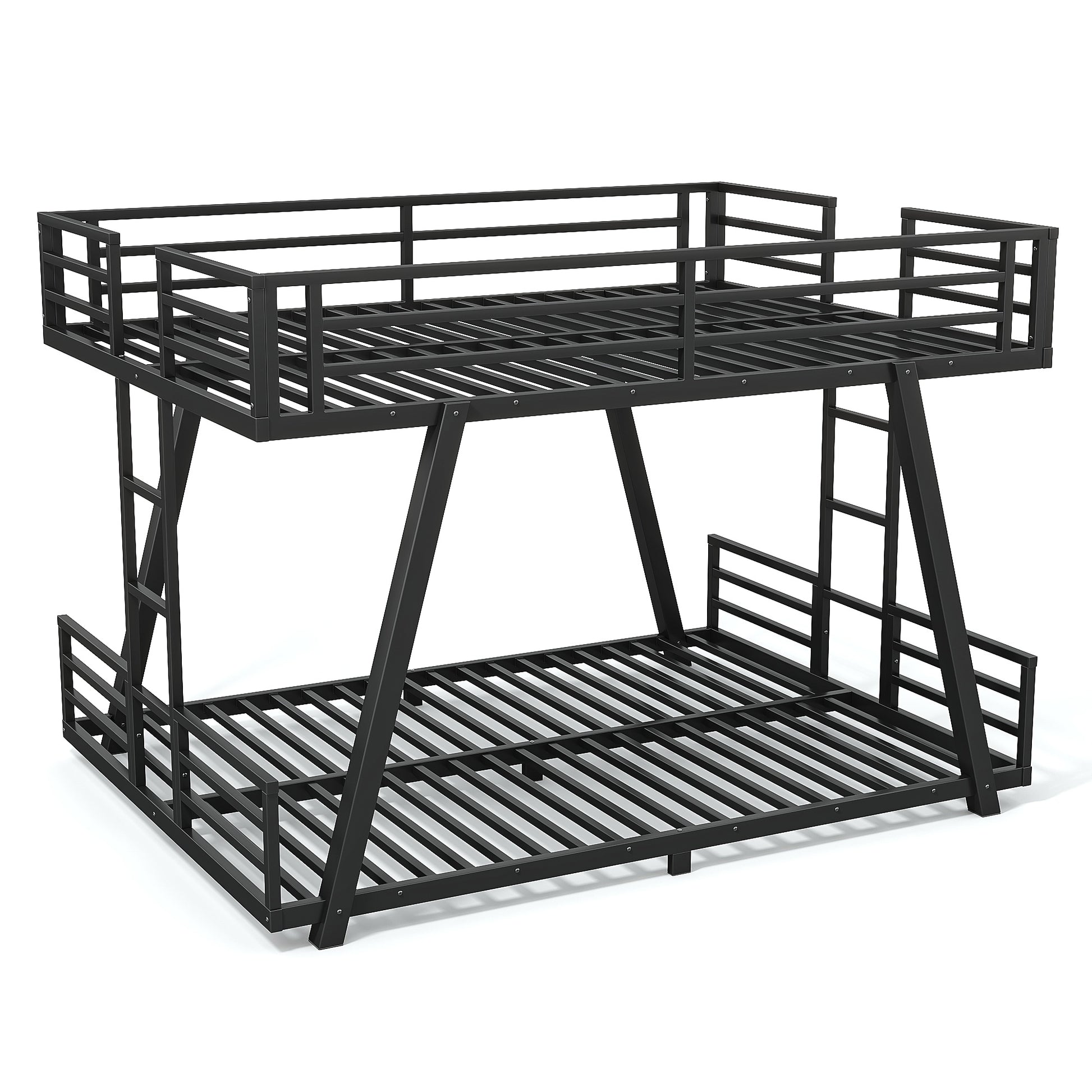 Queen over Queen Bunk Bed with 2 Side Ladders, Metal Bunk Bed with Spdcial Support Leg Design, Low Profile Bunk Bed, Black image 11