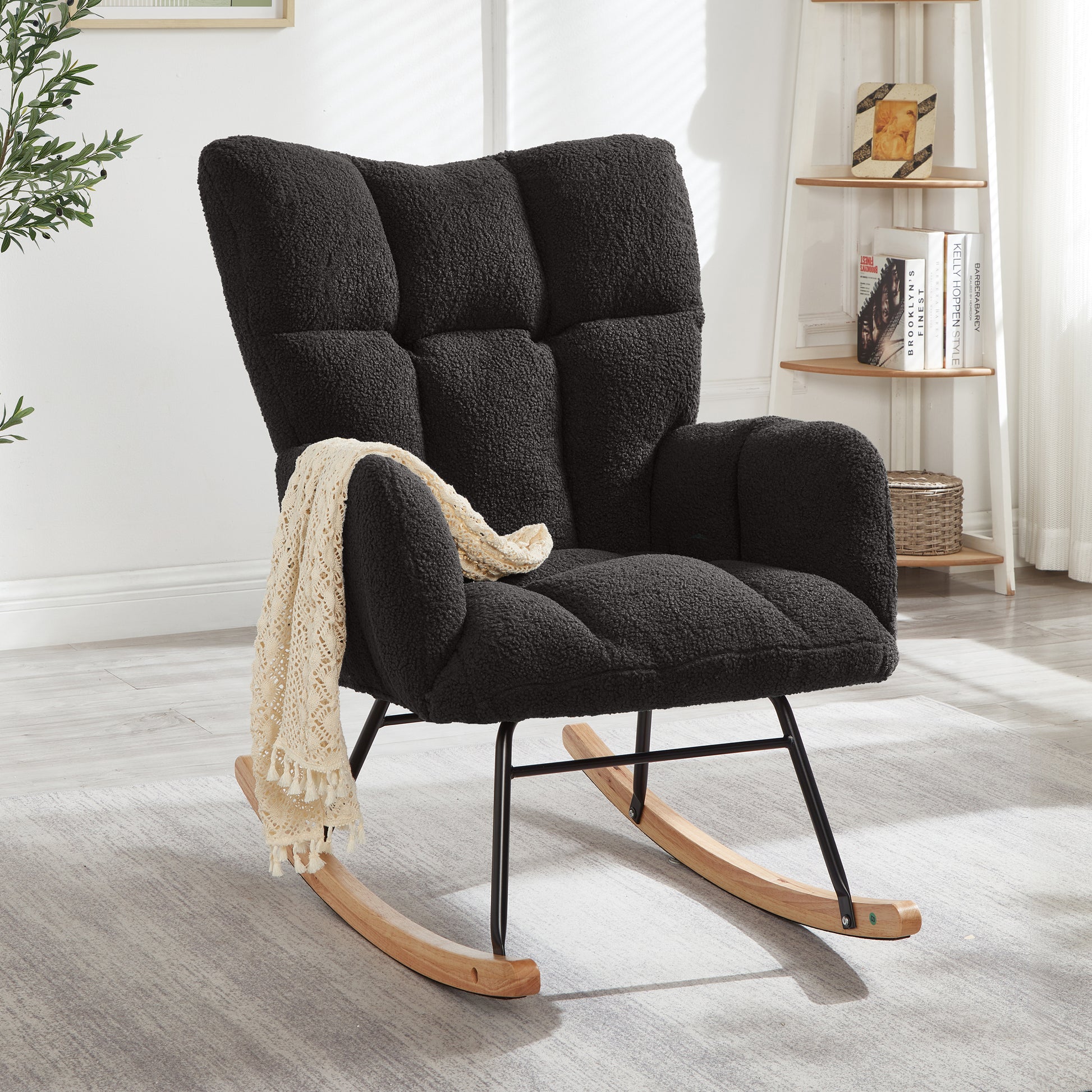 Glider Chair for Living Room Tufted Upholstered Teddy Fabric Rocking Chair with Metal Frame Accent Chair Dark Gray image 1