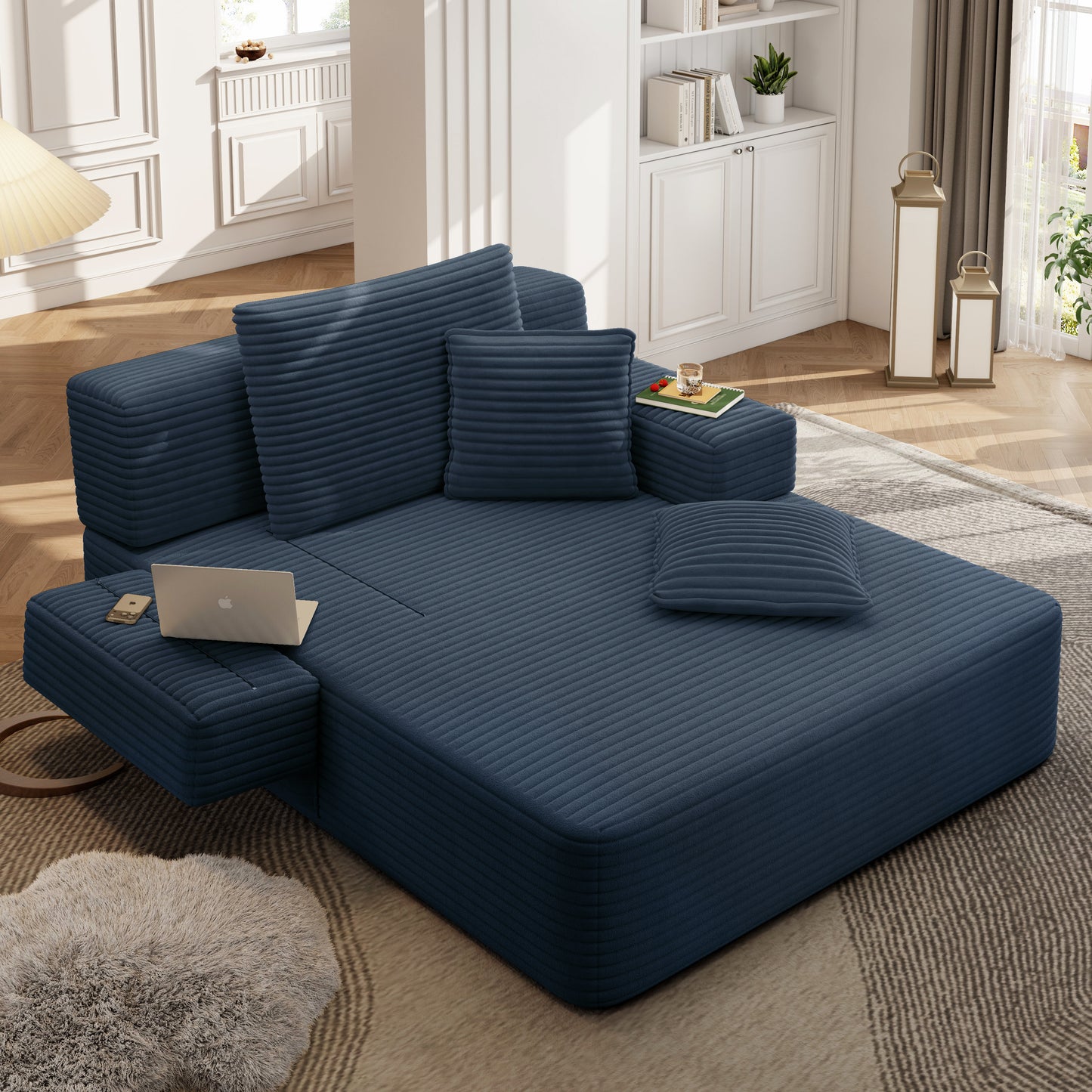 Luxurious Plush Corduroy Chaise Lounge with 3 Pillows, Convertible Sofa Bed with Storage Pocket, Frameless Design & Compression Foam for Small Spaces, Living Room, Apartment,Blue image 10