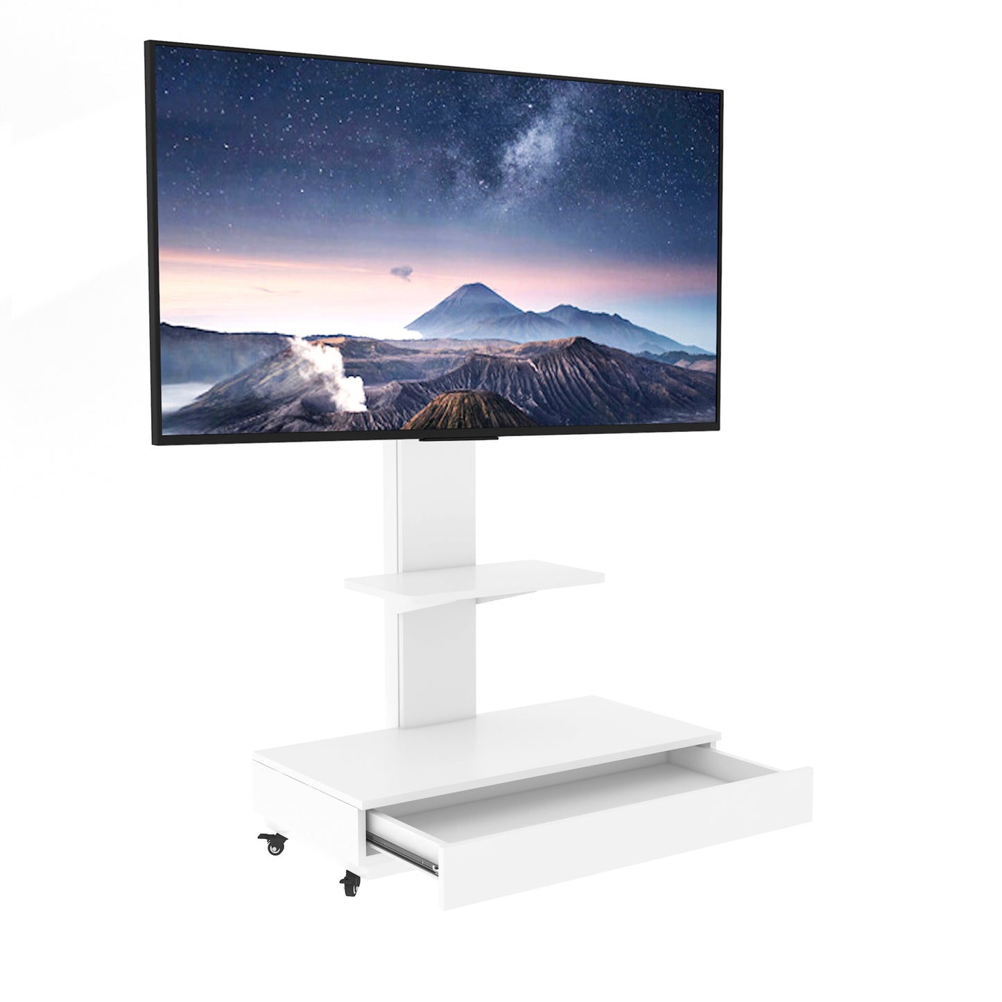 TV stand with push-pull drawer for Living Room, Bedroom,Offices,Adjustable Height Mobile TV Cart for 32-75 inches,tv stand with wheels,White image 11