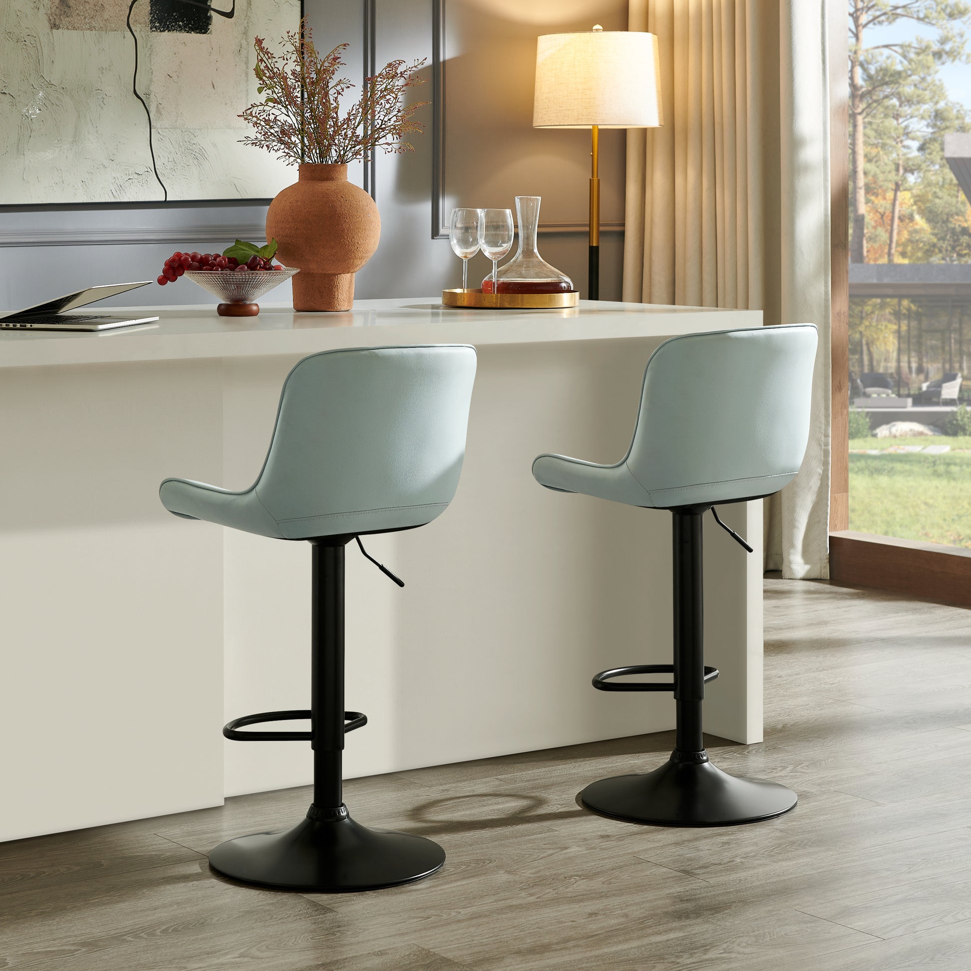 Kovyn Contemporary Adjustable Barstool with Faux Leather Swivel Seats, Set of 2, Blue image 5