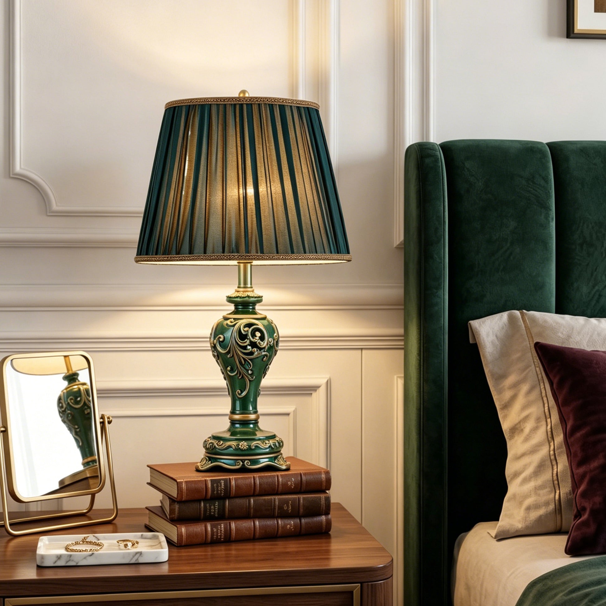 Farmhouse Table Lamps for Living Room Bedroom, Vintage Table Lamp with Nightlight (BULB INCLUDED), Dark Green Hollow Out Resin Lamp for End Table image 10