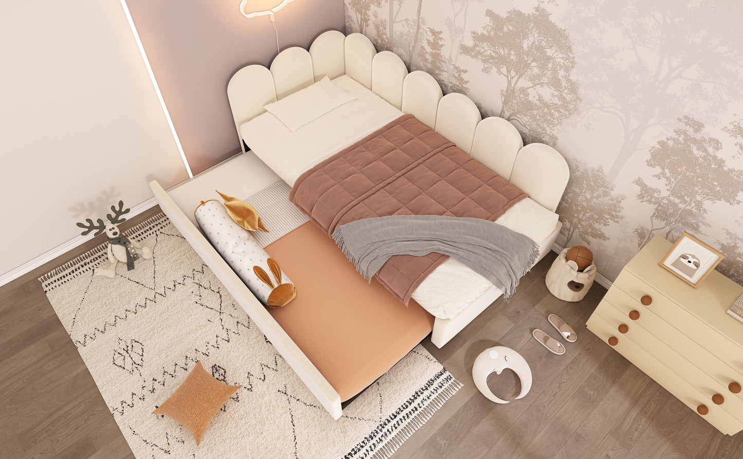 Upholstered Bed Daybed With Pull-Out Bed, Twin Size Single Sofa Bed,Guest Beds For Adults and Children, Bed With Metal Slatted Frame, Velvet, Beige (Without Mattress) image 9