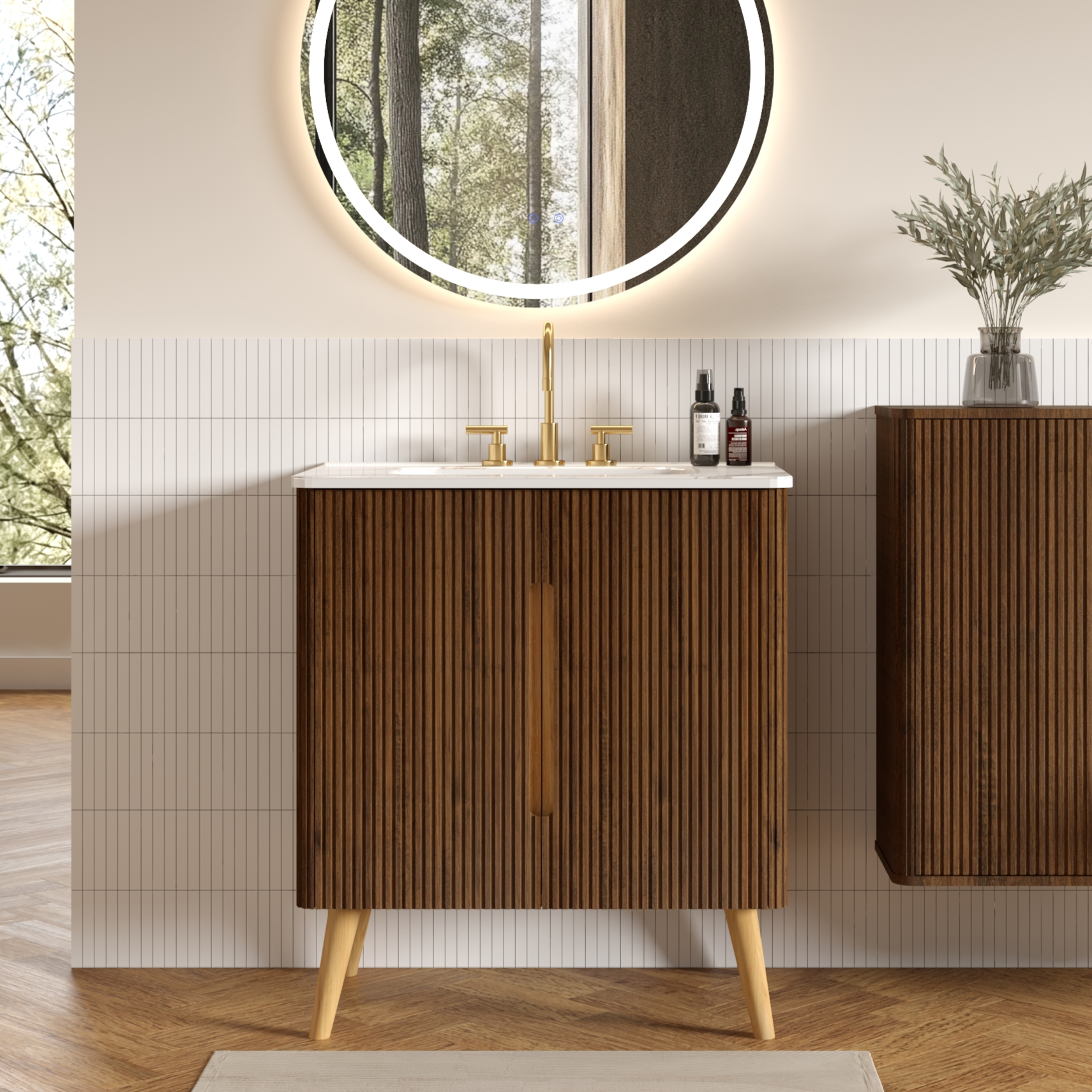 Etna 30"F Striped Walnut Bathroom Vanity with Carrara White Sink, Freestanding & Wall Mounted Bathroom Cabinet Options for Modern Bathrooms, KD image 1