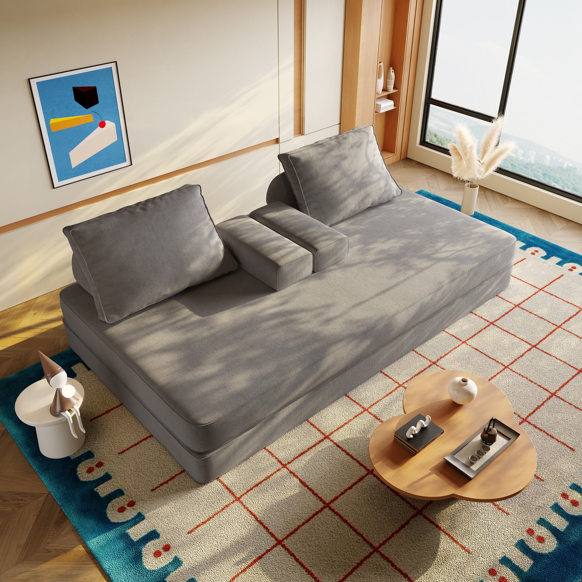 86.6"Multifunctional Convertible Sofa Bed w/2 Removable Backrests and 2 Pillows,Fluffy Chenille Fabric Sofa,Chaise Lounge,Game Pad,DIY Modern Upholstered Couch,Deep Seat Couch for Living Room,Office image 4