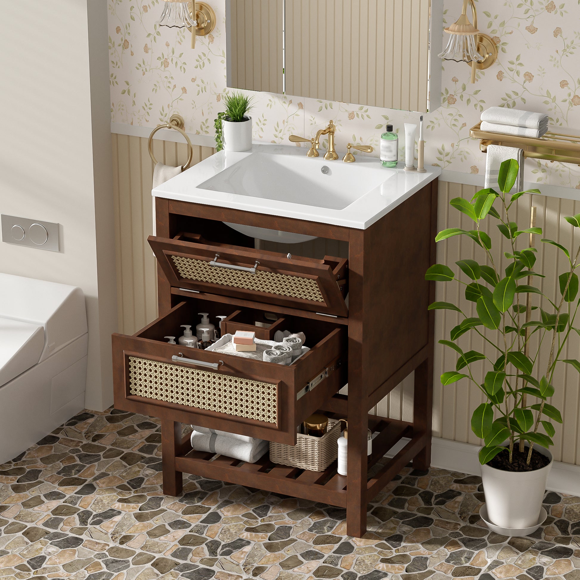 24" Bathroom Vanity with Integrated Ceramic Sink, Bathroom Cabinet with 1 Deep Drawer, 1 Tip-Out Drawer, Single Sink Bathroom Vanity for Small and Medium Restroom image 2