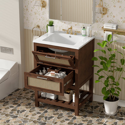 24" Bathroom Vanity with Integrated Ceramic Sink, Bathroom Cabinet with 1 Deep Drawer, 1 Tip-Out Drawer, Single Sink Bathroom Vanity for Small and Medium Restroom image 2