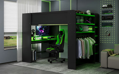Full Size Wood Bunk Bed with height-adjustable Desk,Wardrobe,Ample Storage Space,and RGB Light, Green(OLD SKU:LT000266AAG) image 3