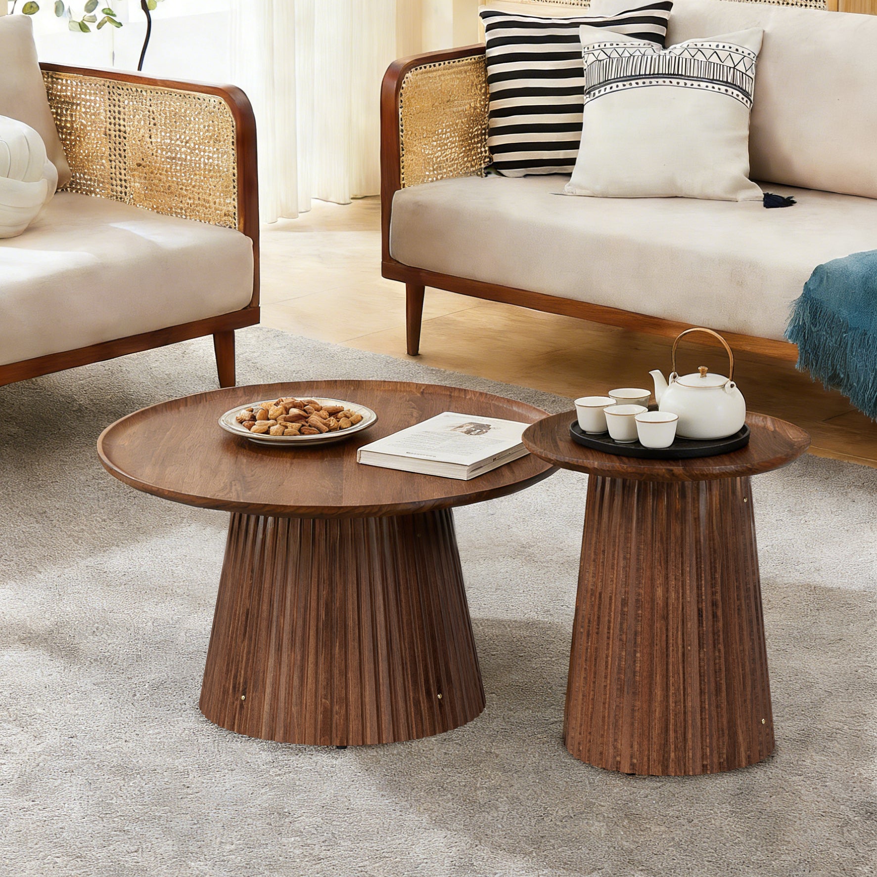 Round Coffee Table Set of 2, Large & Small Wooden Center & Side Tables, Modern Walnut Finish for Living Room & Office image 5