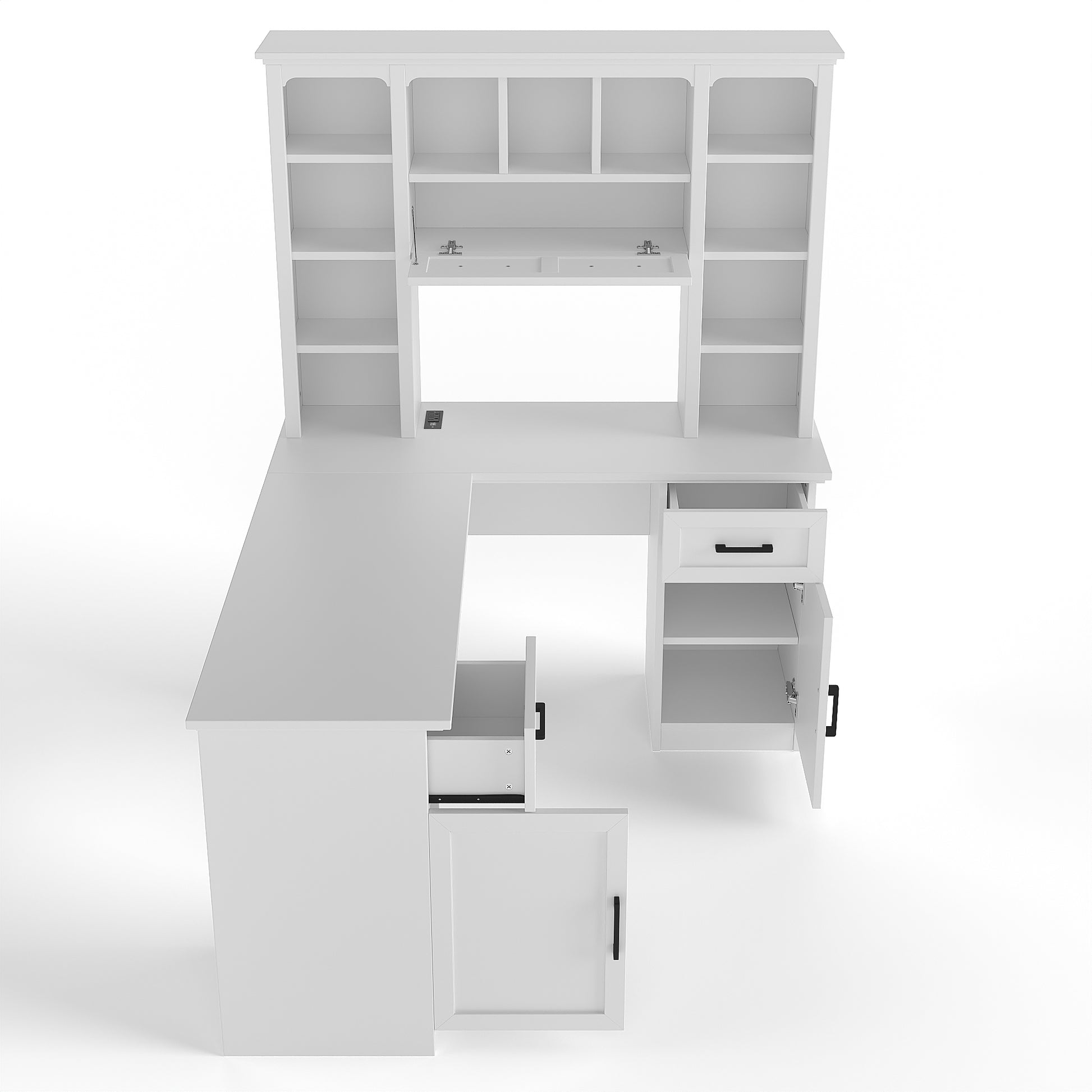 L-Shaped Computer Desk with 2 Cabinets and 2 Drawers, 11 Open Shelves and 1 Right Flip Shelf with Storage, with Power Outlet, for Study, Living Room and Office, White image 10