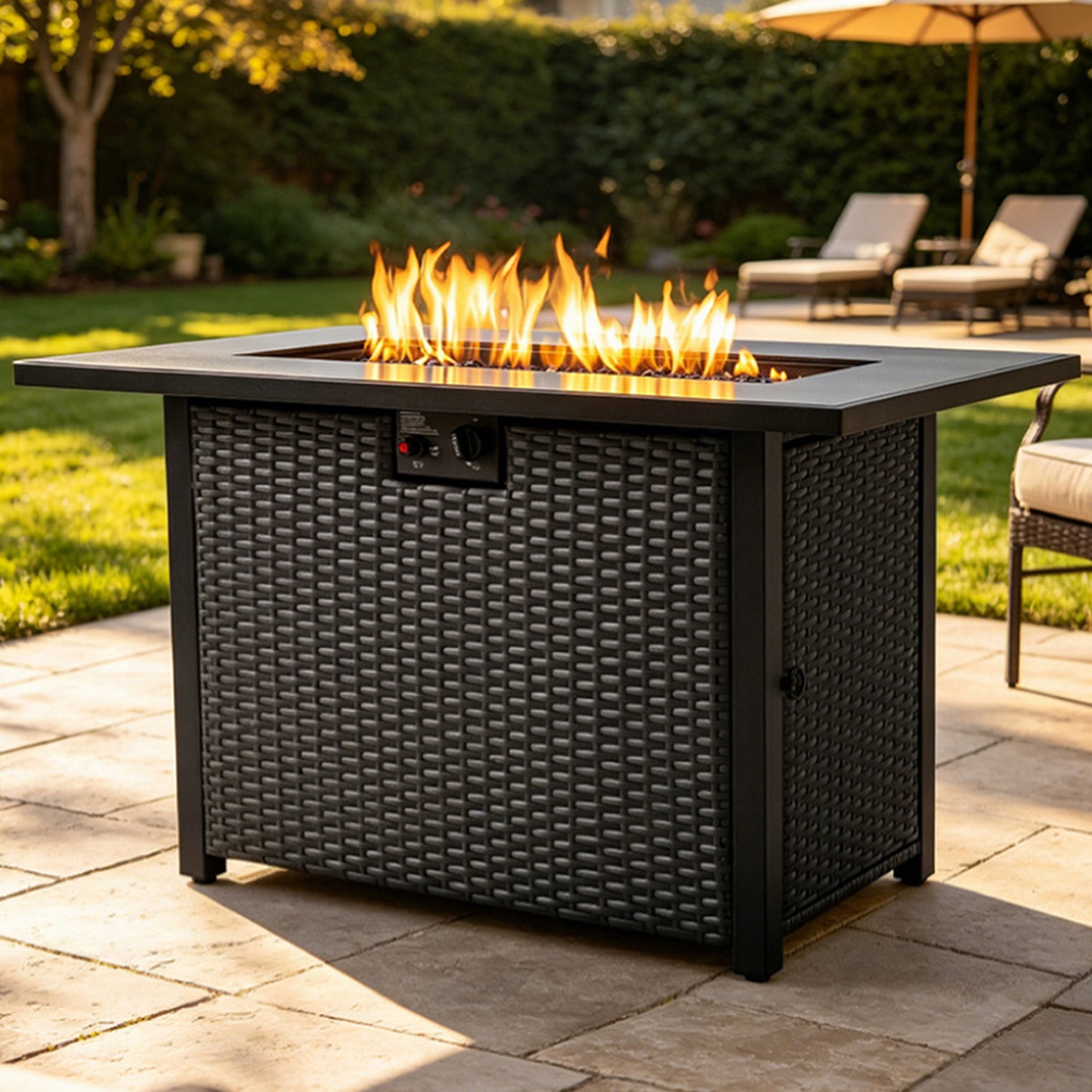 44 Inch 50000 BTU Propane Fire Pit Table, 2-in-1 Rectangular Fire Pit Outdoor Patio Heater Table with Glass Wind Guard for Backyard Garden Gathering image 2