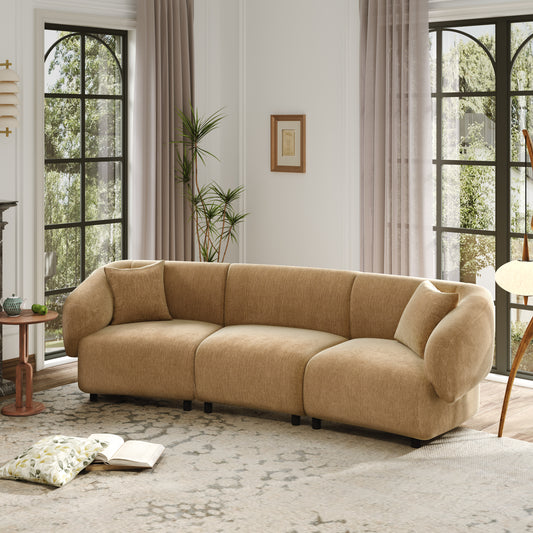 98.5 inch curved contemporary 3-seater sofa in mocha boucle fabric front view